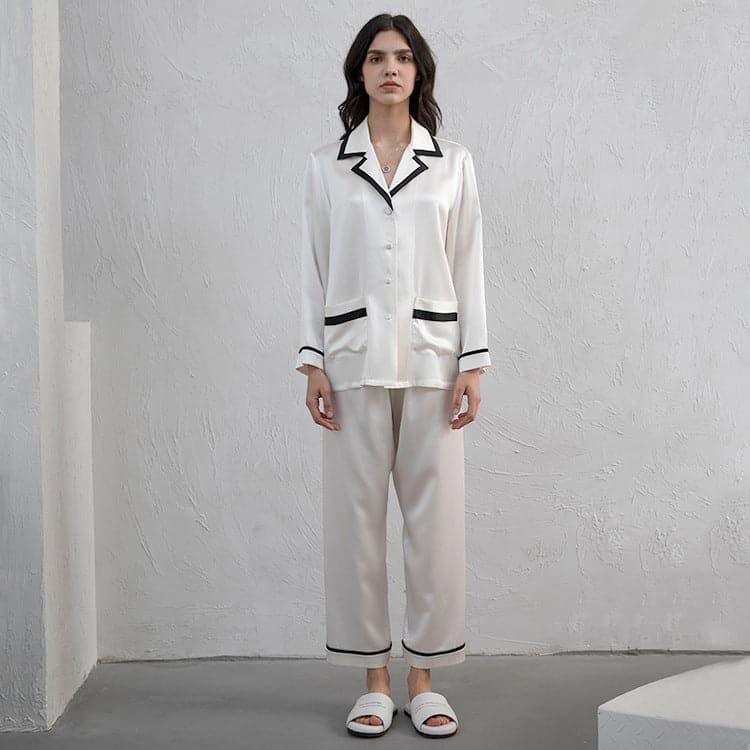 Women's Silk Pajama Set with Contrast Piping