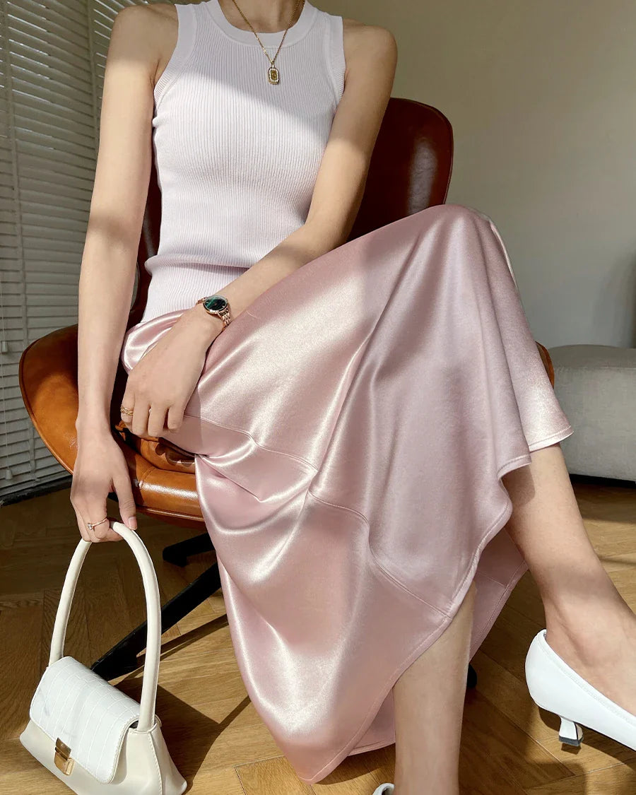 Versatile Silk Midi Skirts with Elastic Waistband