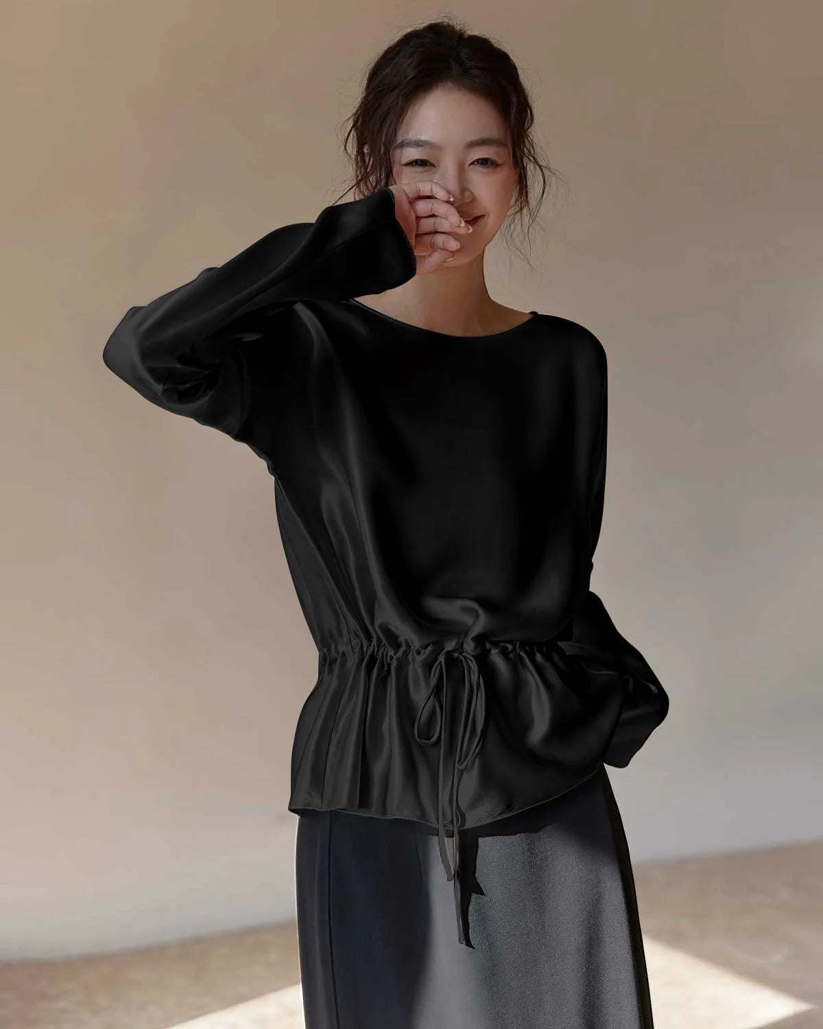 Elegant Drawstring Waist Silk Blouse