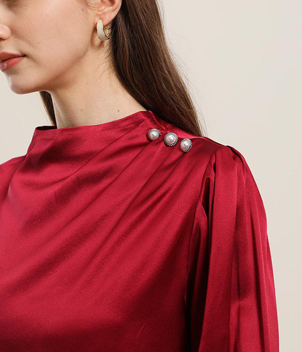 Mock Neck Silk Blouse with Pearl Button