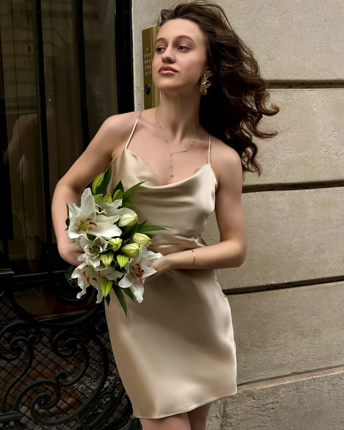 Cowl Neck Cross Back Mini Silk Dress