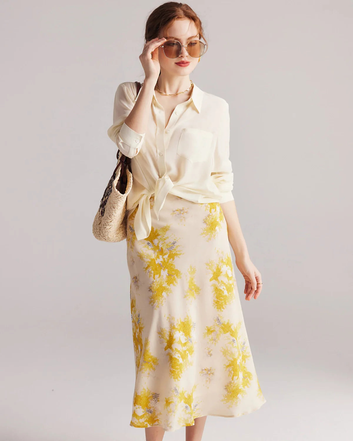 Floral Print Silk Midi Skirt