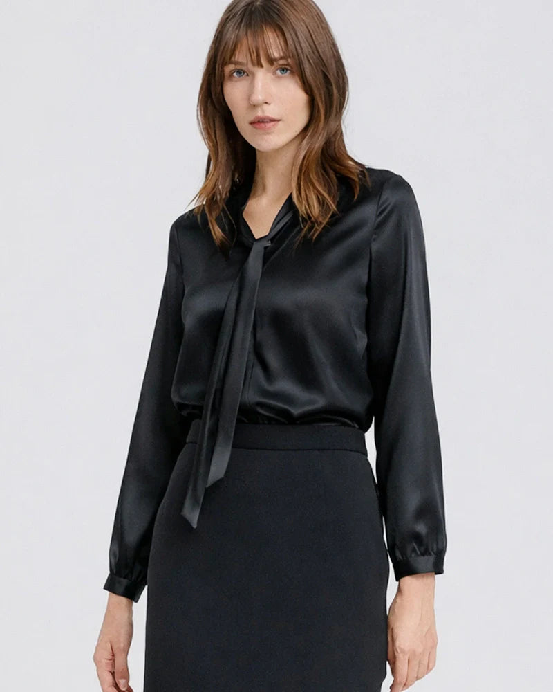22 Momme Silk Tie Neck Blouse Long Sleeve