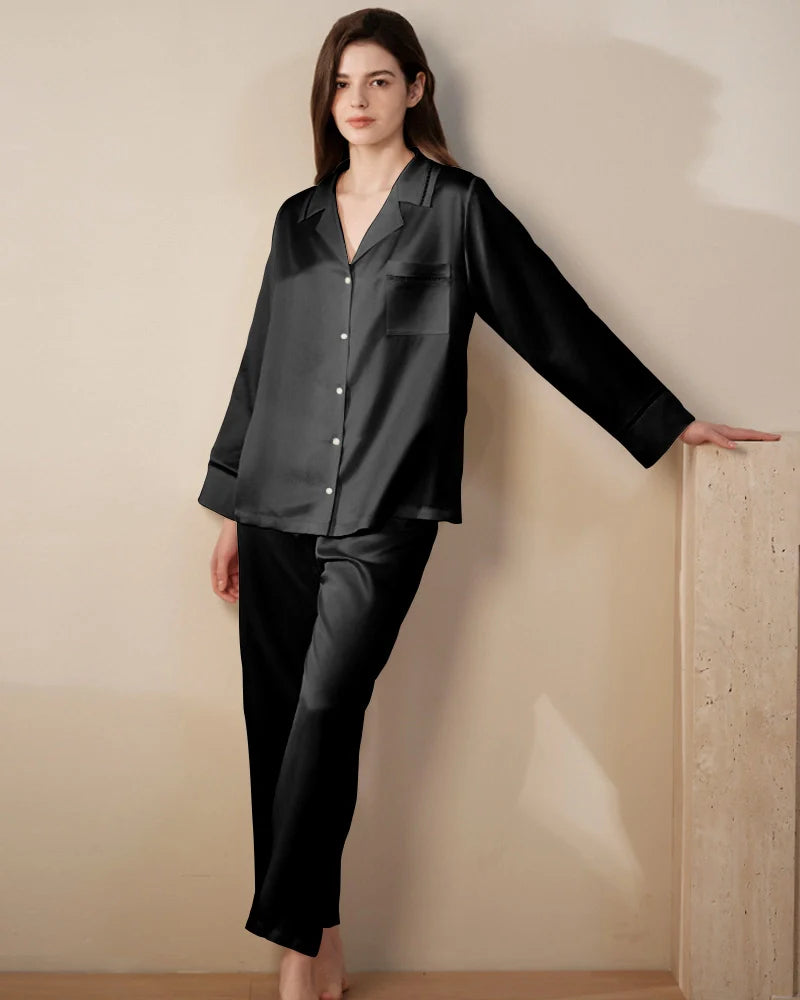 22 Momme Mulberry Silk Pajama Set with Lace Trim