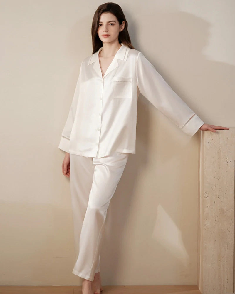 22 Momme Mulberry Silk Pajama Set with Lace Trim