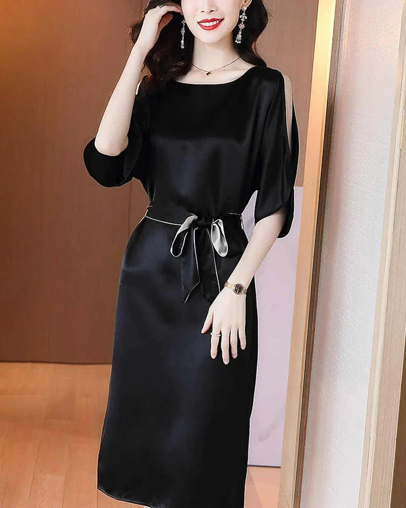 Belted Silk Midi Dress with Slit Shoulders