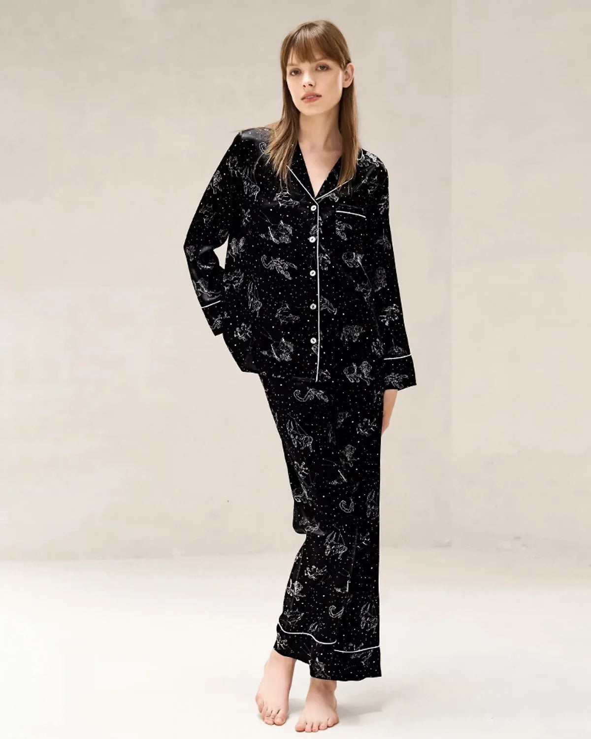 Black Zodiac Print Long Sleeve Silk Pajama Set