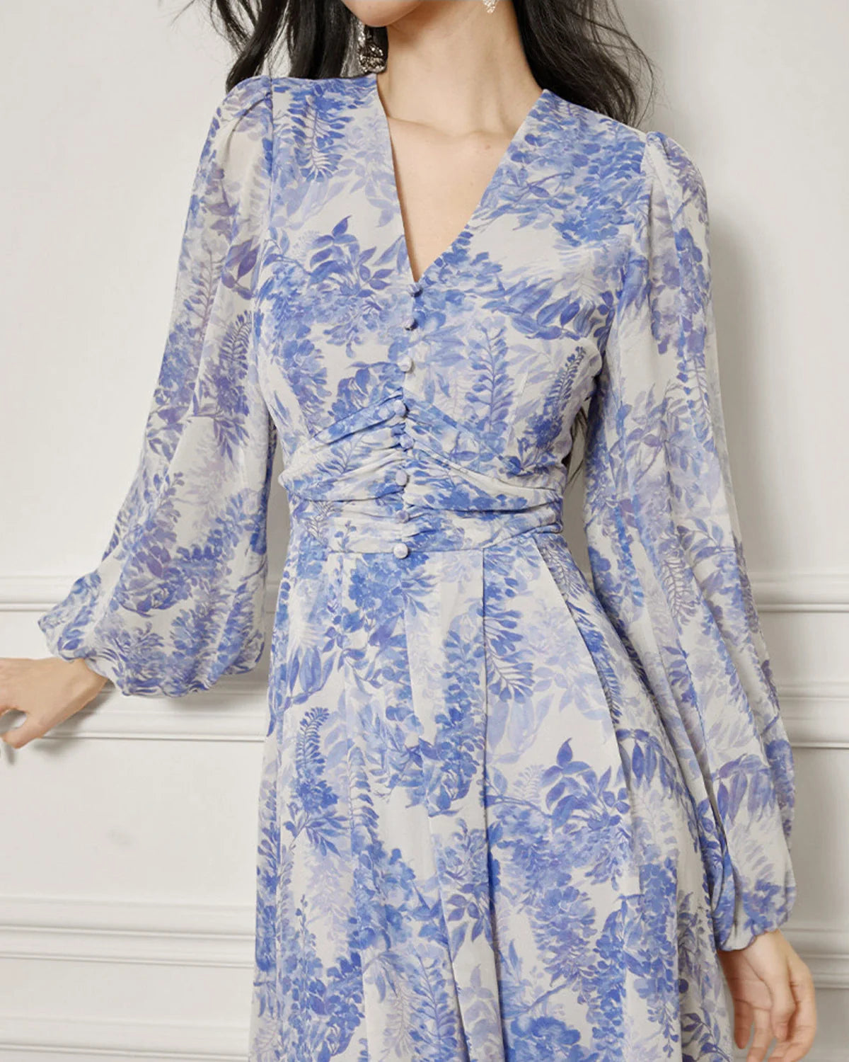Blue and White Floral Silk Maxi Dress