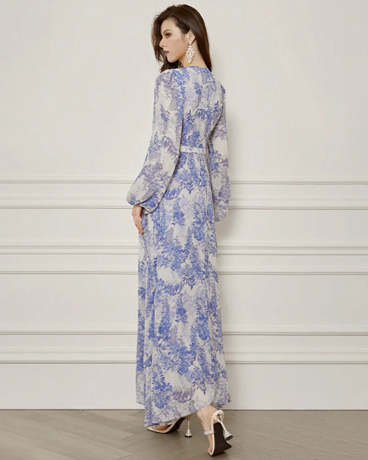Blue and White Floral Silk Maxi Dress