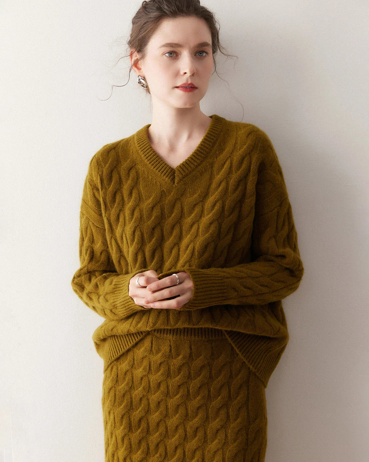 Cashmere Wool Cable Knit Sweater and Skirt Set