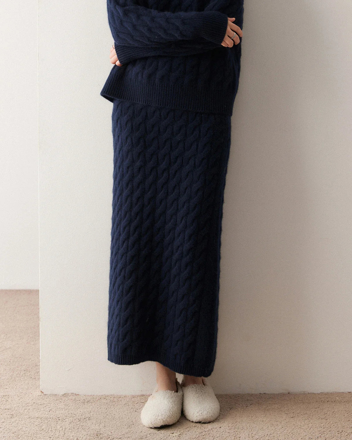 Cashmere Wool Cable Knit Sweater and Skirt Set