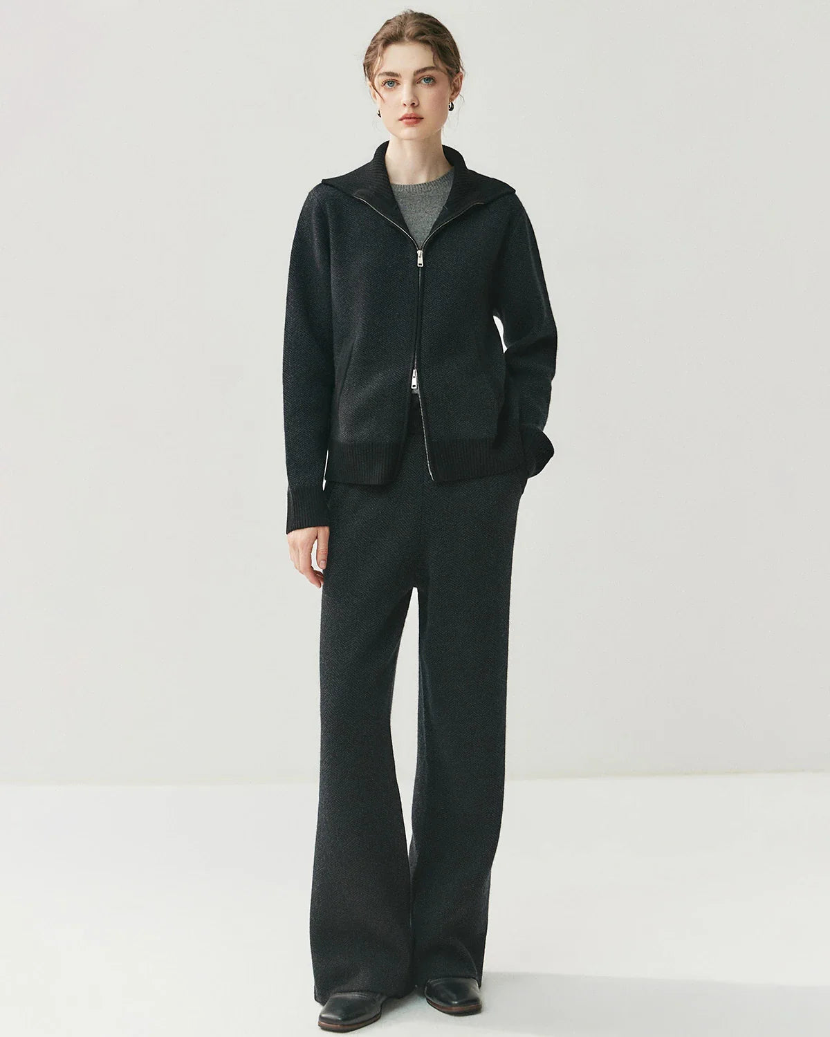 Cashmere Wool Zip Cardigan Set for Women