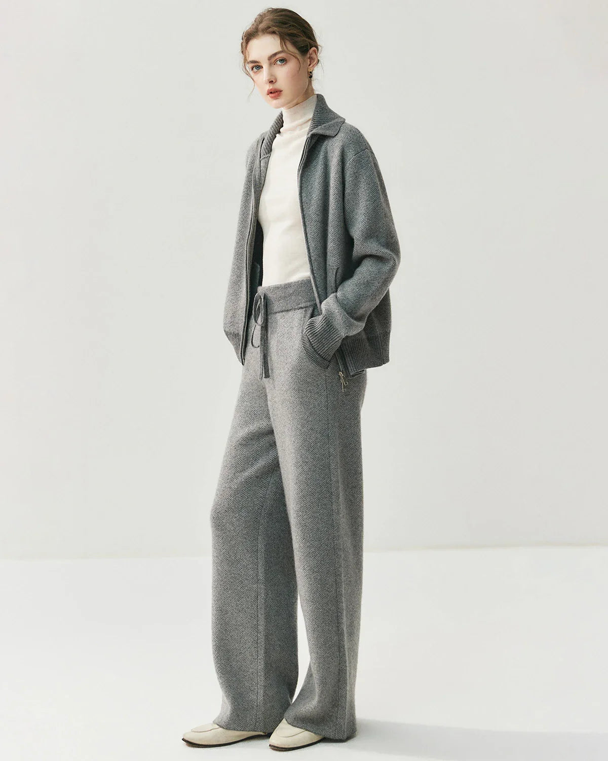 Cashmere Wool Zip Cardigan Set for Women
