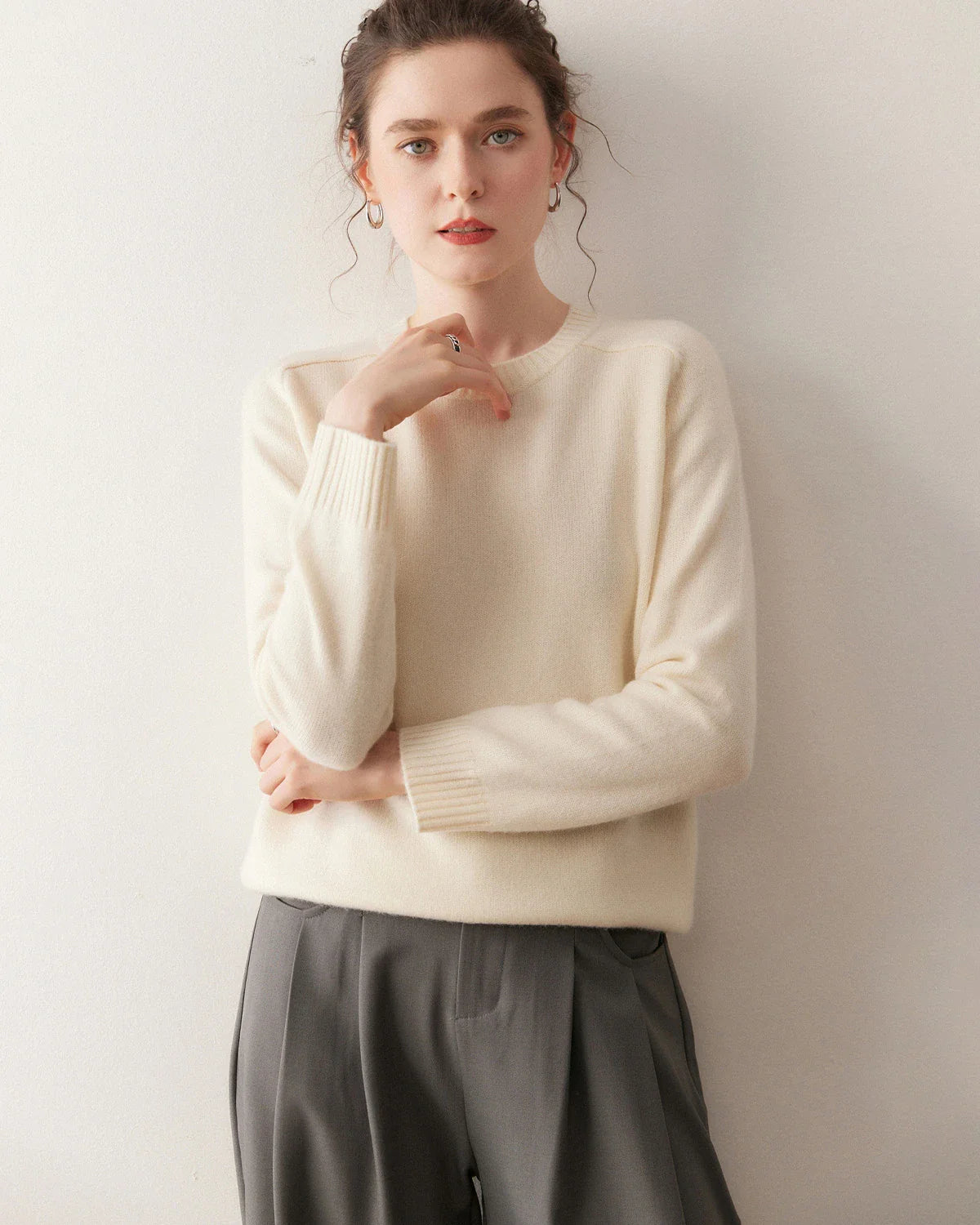 Classic Saddle Shoulder Round Neck Cashmere Sweater