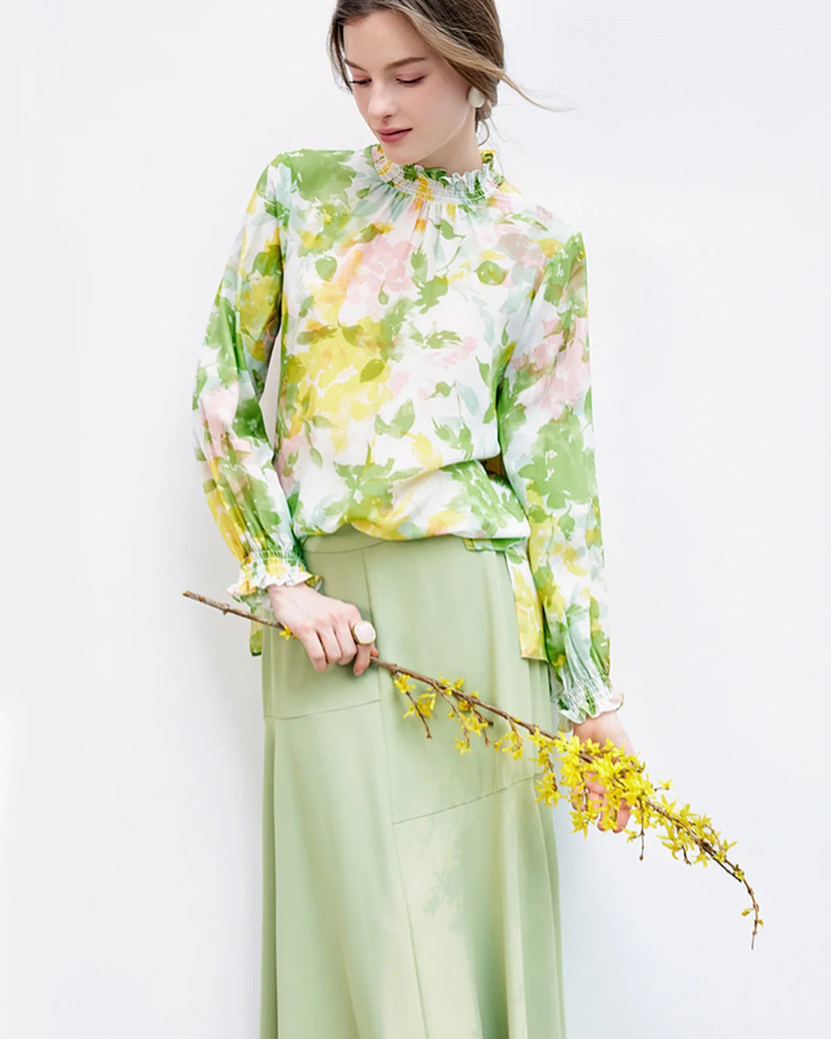 Floral Silk Blouse with Ruffles