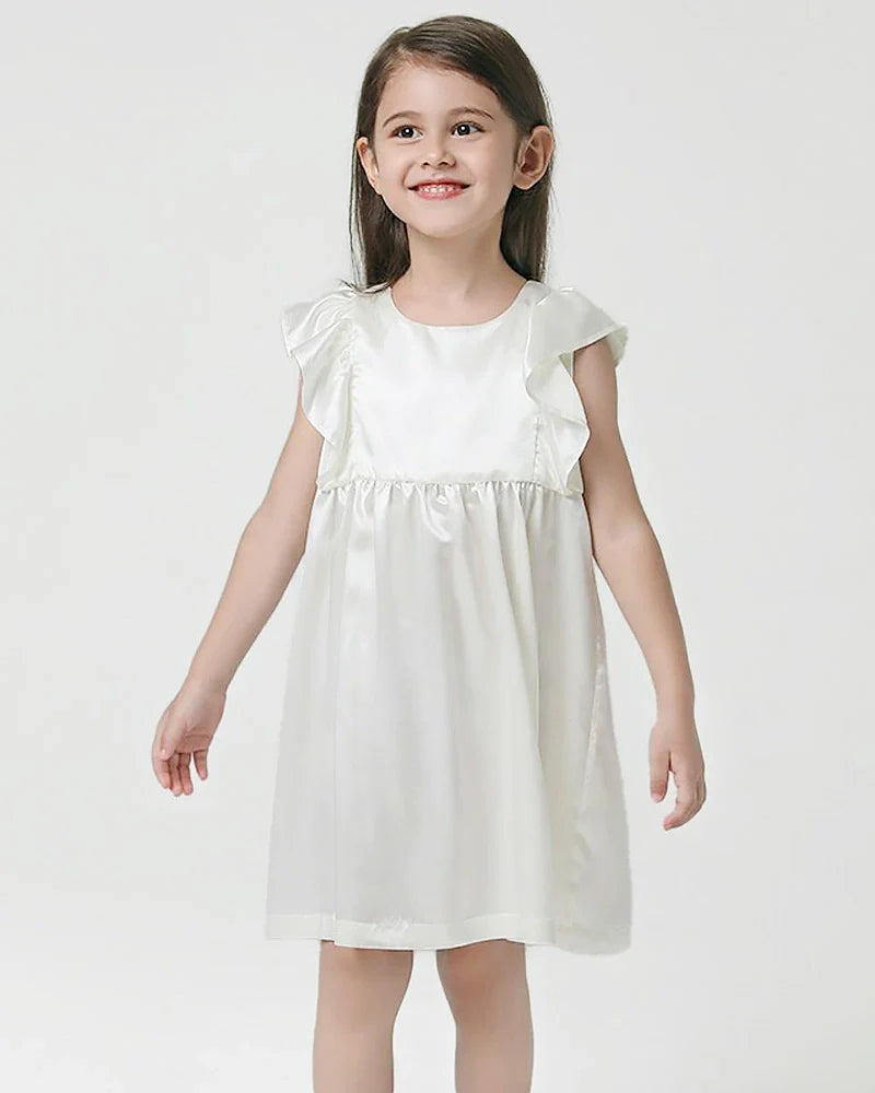 Girls Short Ruffle Sleeve Silk Dress