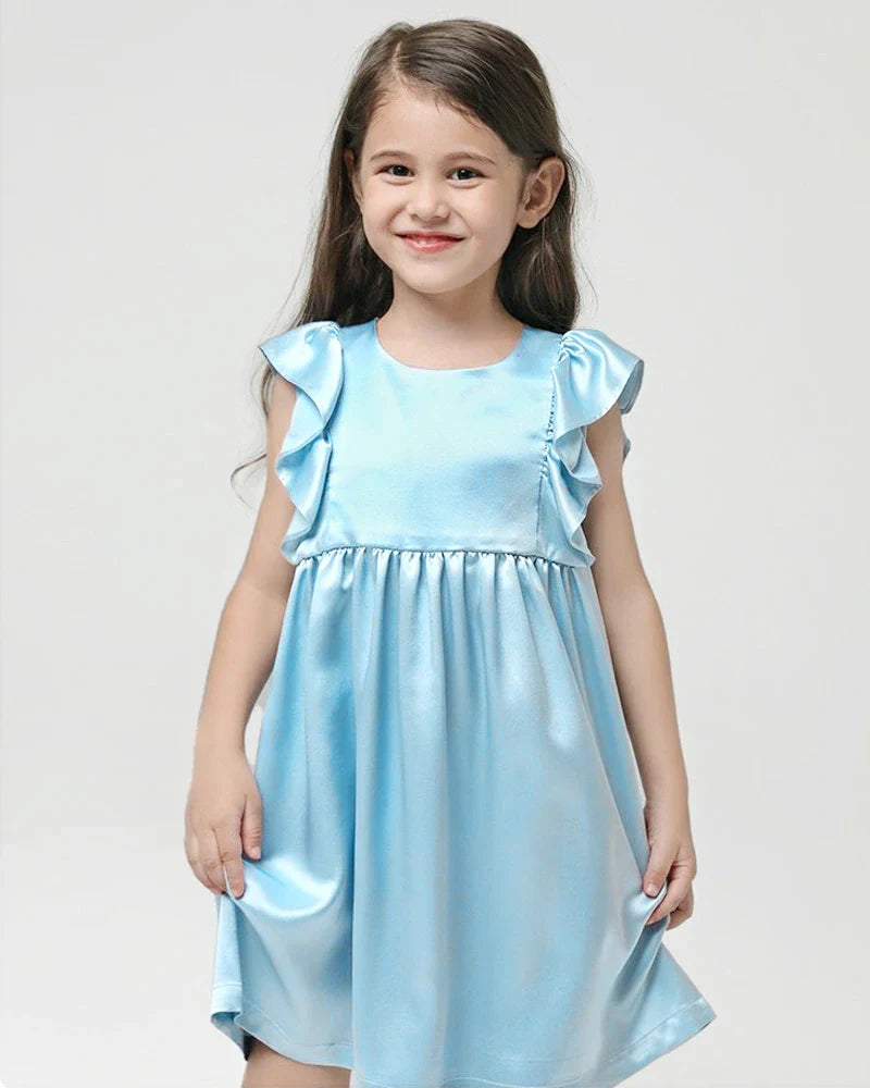Girls Short Ruffle Sleeve Silk Dress