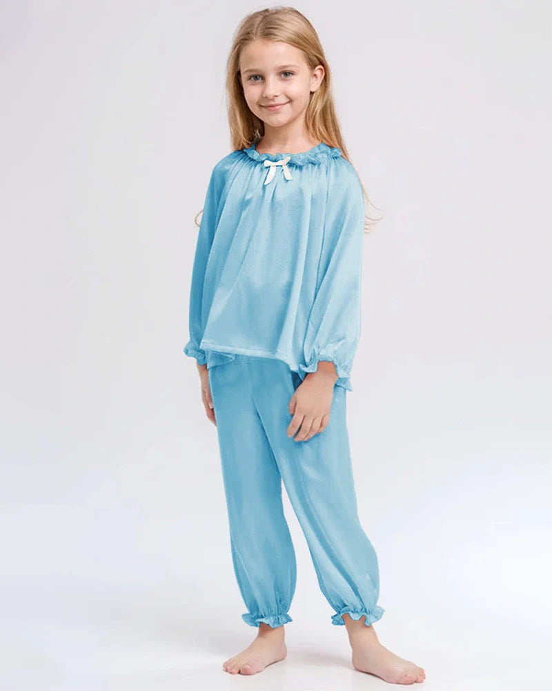 Girls Long Sleeve Ruffle Trim Silk Pajama Set
