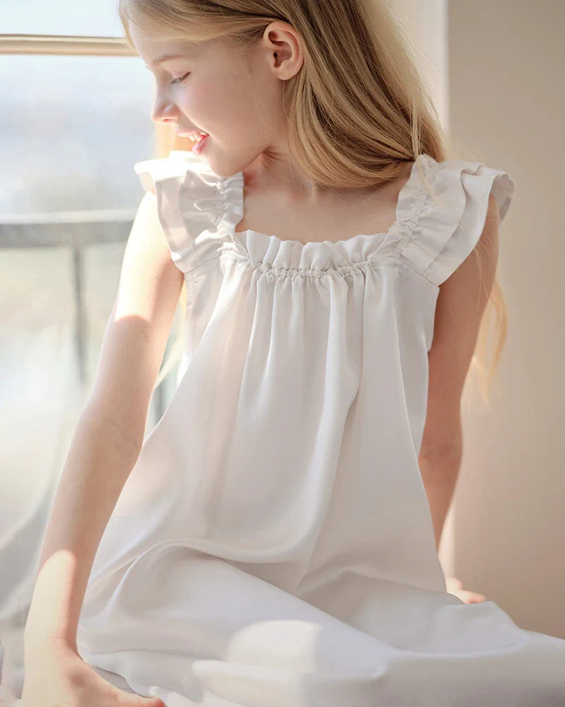 Girls Silk Nightgown with Double Ruffle Sleeves