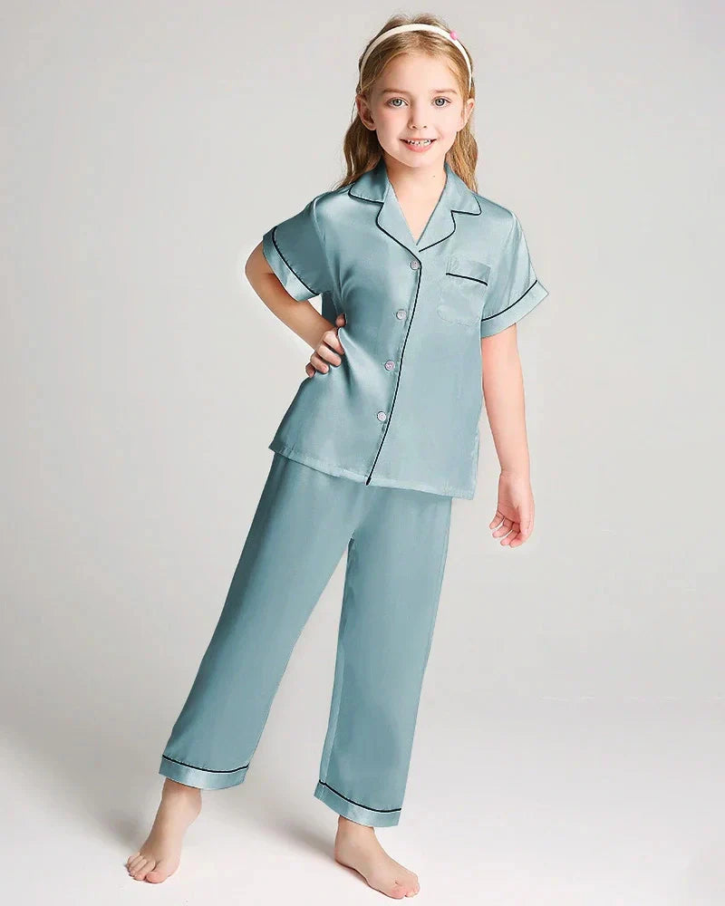 Unisex Kids Short Sleeve Silk Pajamas Set