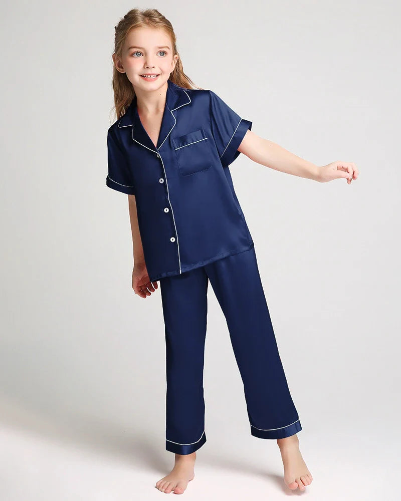 Unisex Kids Short Sleeve Silk Pajamas Set