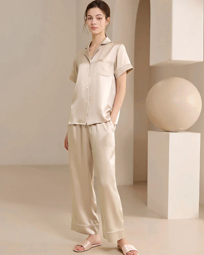 Washable Silk Short Sleeve Long Pants Pajama Set