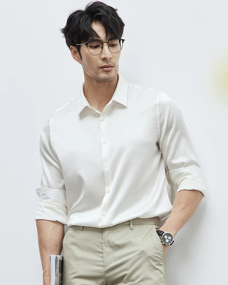Mens Washable Silk Shirt Long Sleeve Classic Button Down