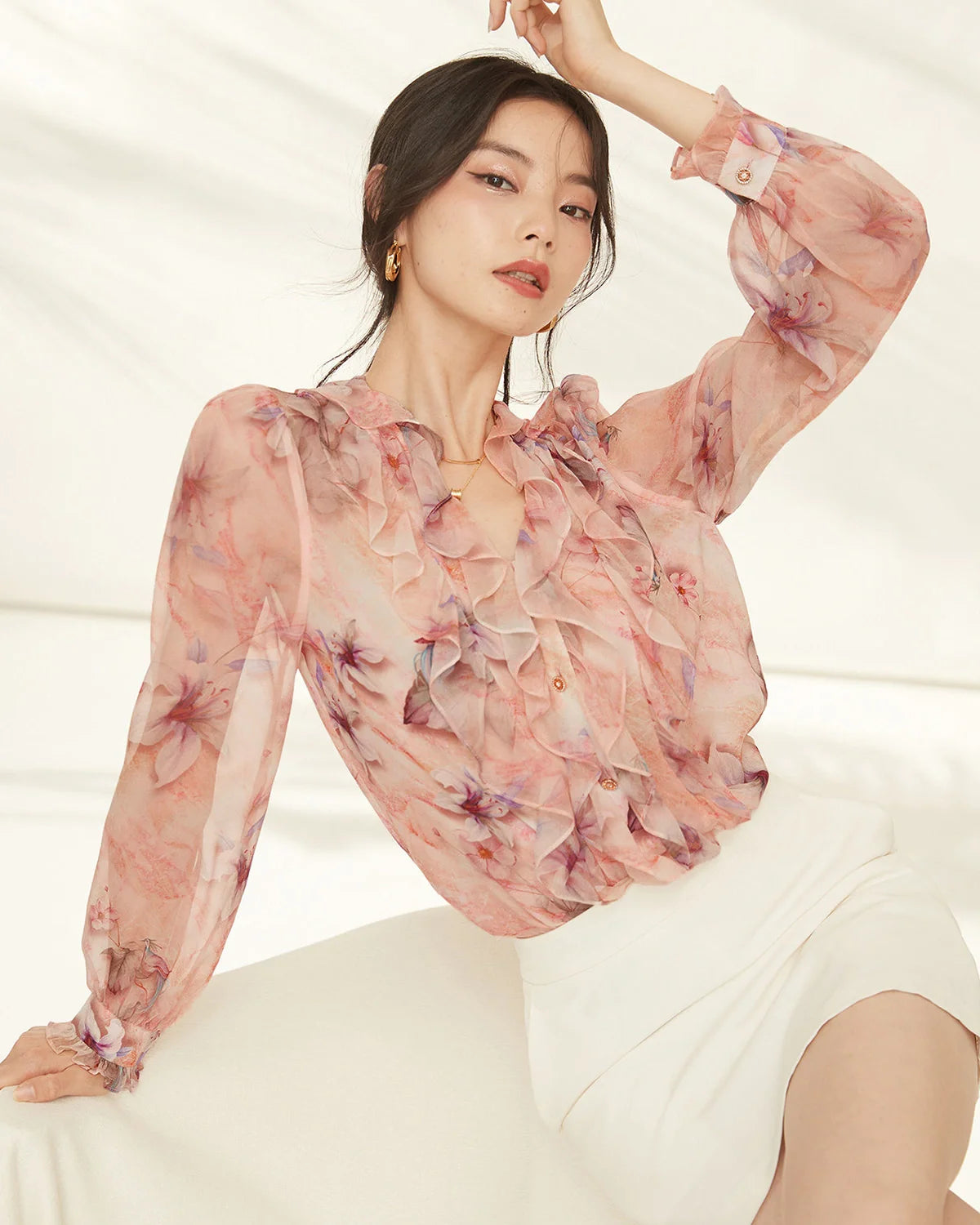 Pink Lily Silk Floral Ruffle Long Sleeve Blouse