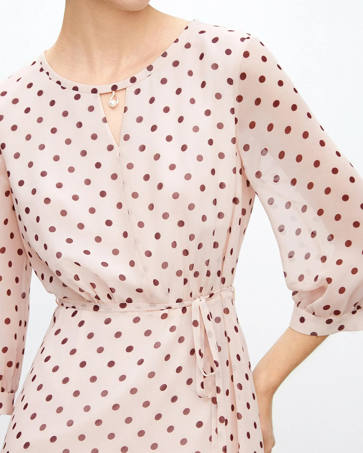 Apricot Brown Polka Dot Silk Midi Dress