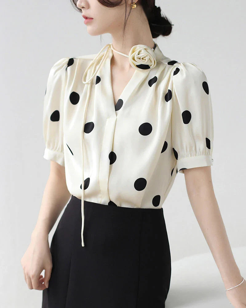 Silk Polka Dot Top with Rose Choker
