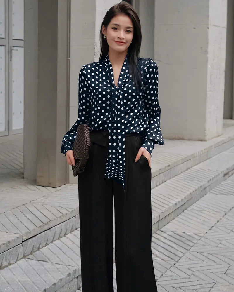 Tie Front Polka Dot Silk Blouse