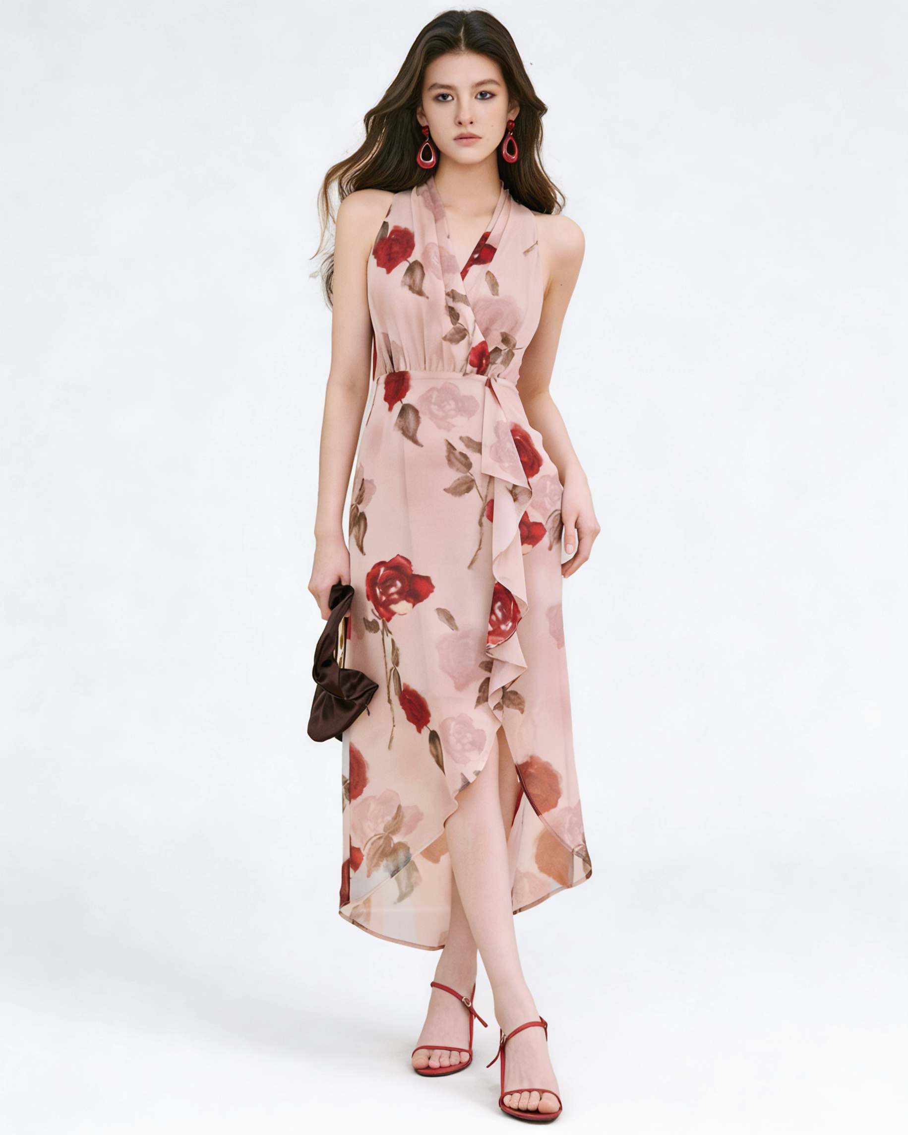 Rose Print Sleeveless Silk Midi Dress
