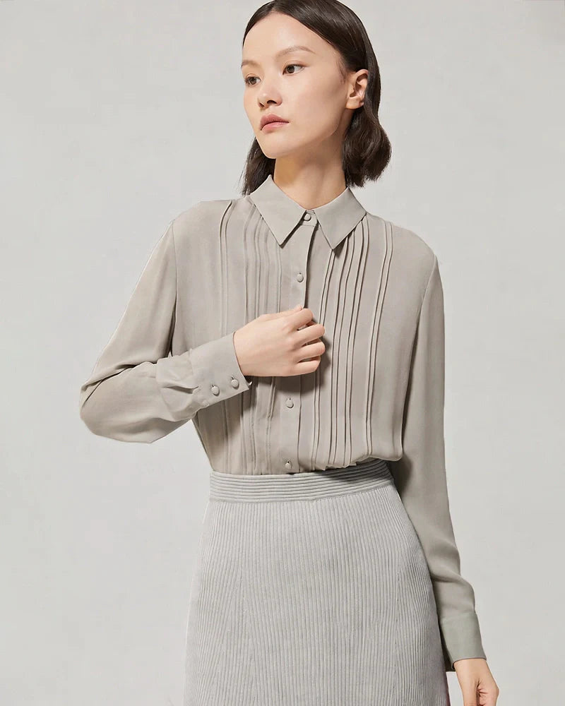 30 Momme Silk Pleated Long Sleeve Blouse
