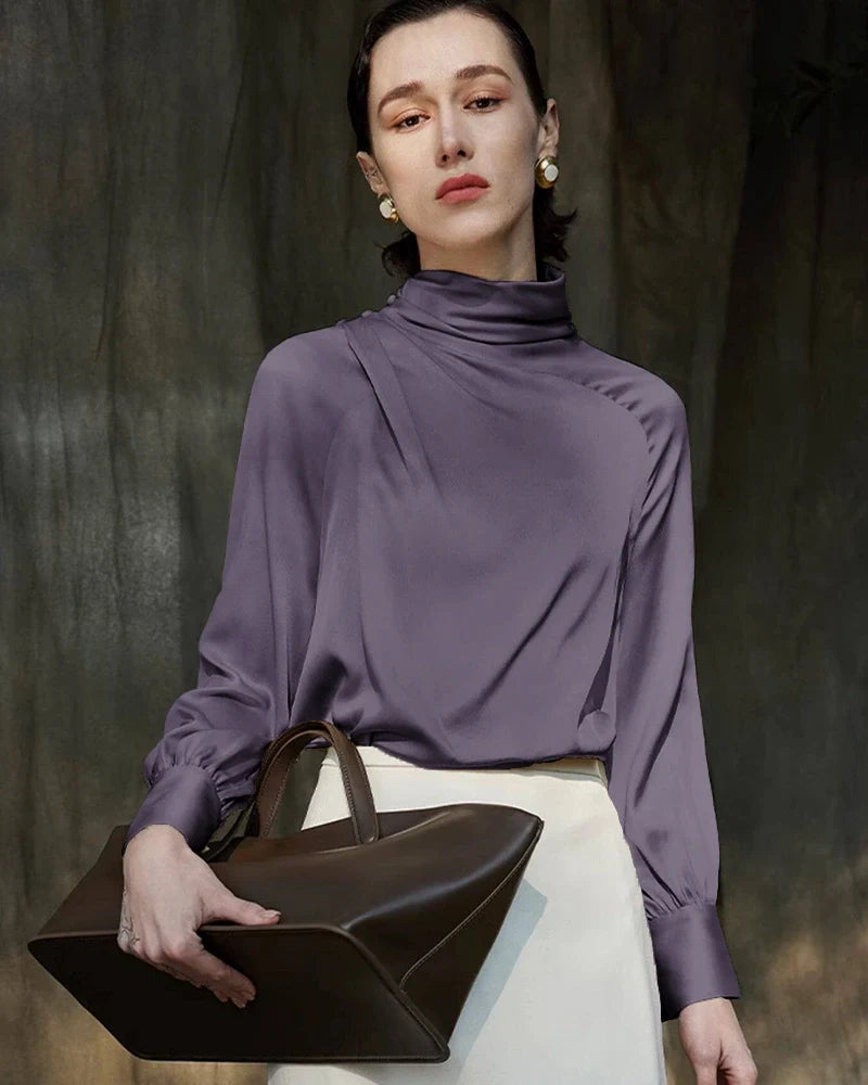 Pleated Mock Neck Silk Long Sleeve Blouse