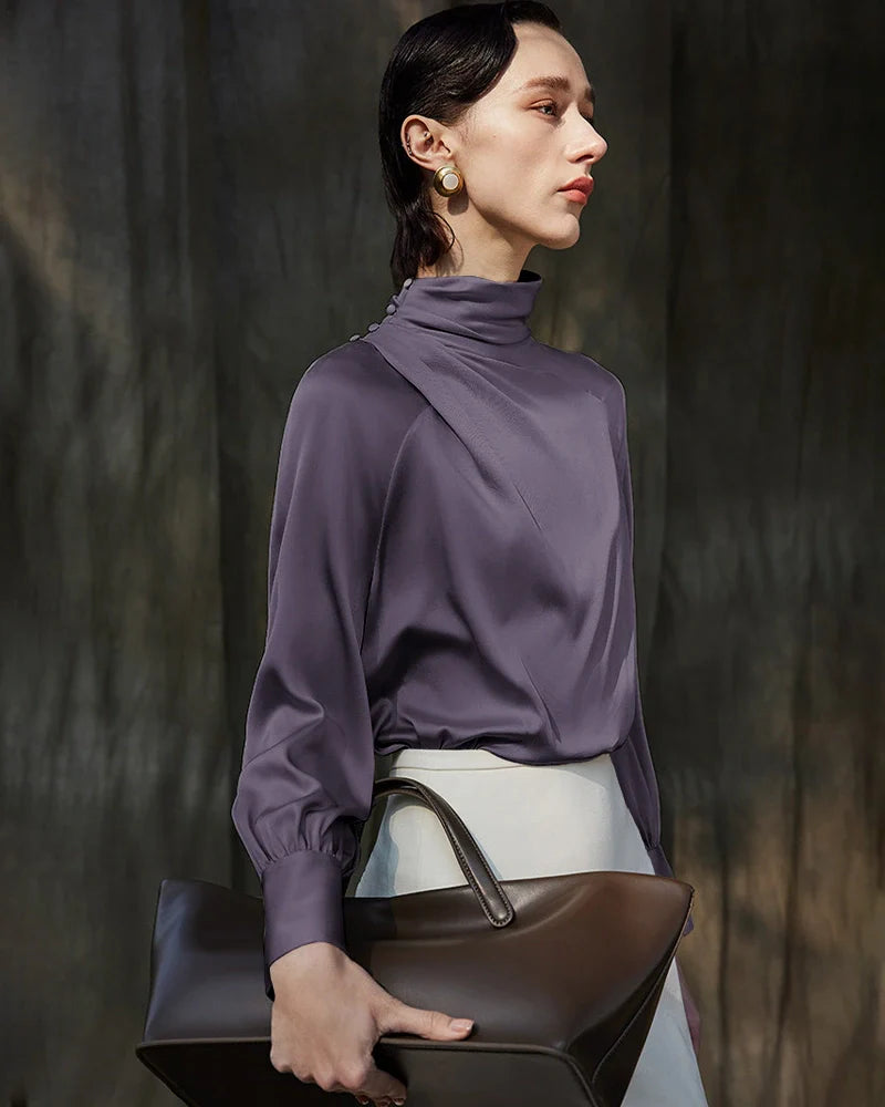 Pleated Mock Neck Silk Long Sleeve Blouse
