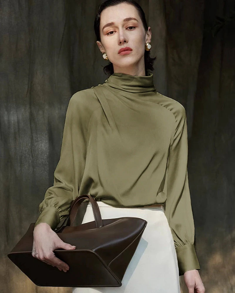 Pleated Mock Neck Silk Long Sleeve Blouse