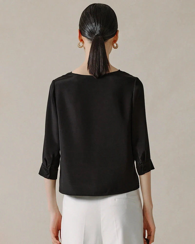 22 Momme V Neck Silk Blouse with 3/4 Sleeve