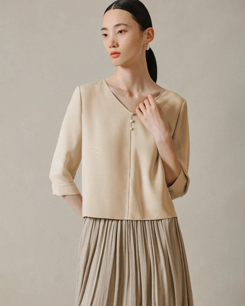 22 Momme V Neck Silk Blouse with 3/4 Sleeve
