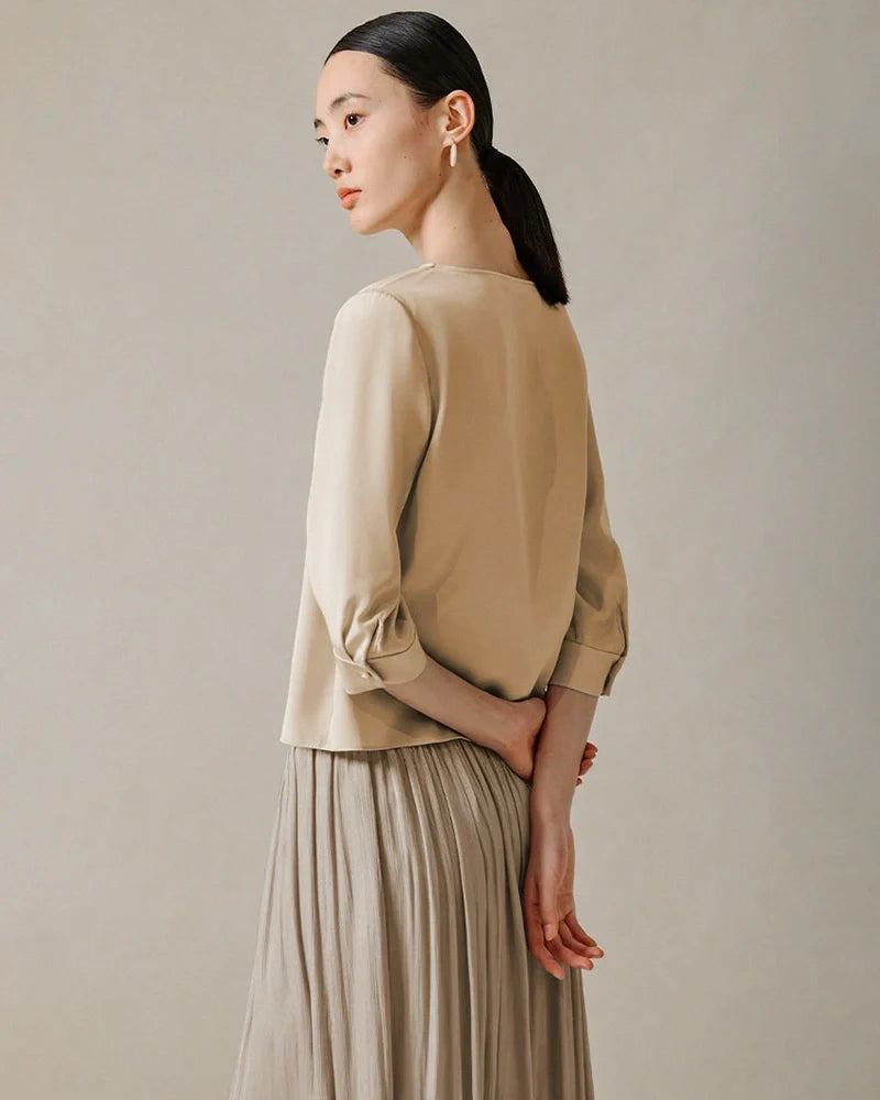 22 Momme V Neck Silk Blouse with 3/4 Sleeve