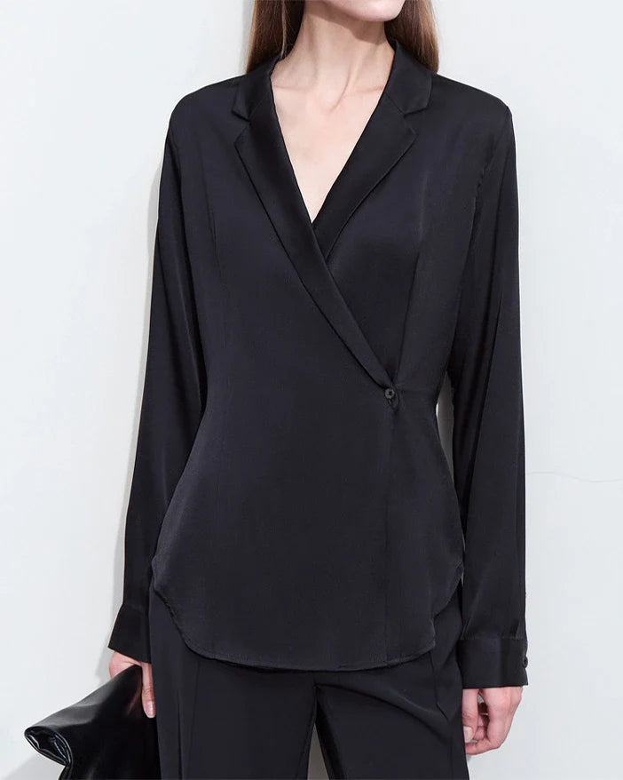 Minimalist Silk V Neck Long Sleeve Blouse