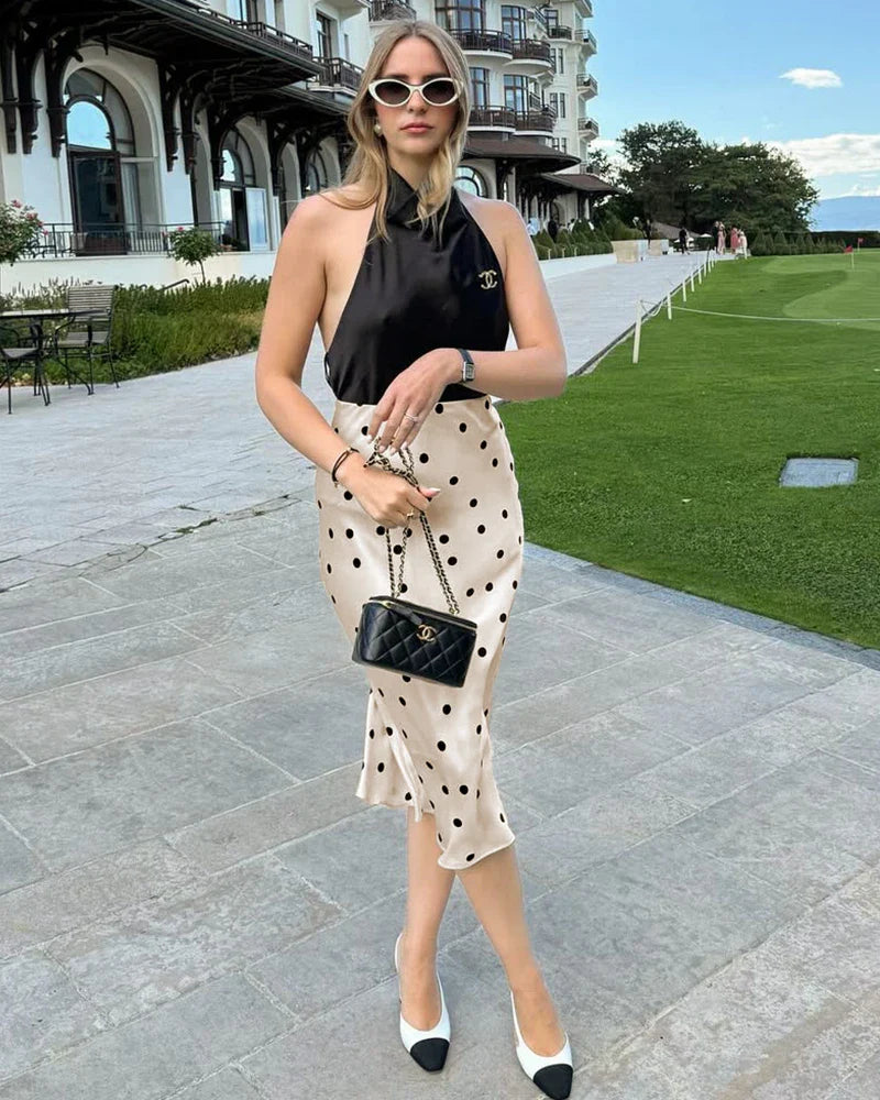 Polka Dot Silk Midi Skirt