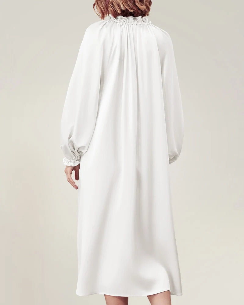 Silk Long Sleeve Nightgown with Ruffle Trim