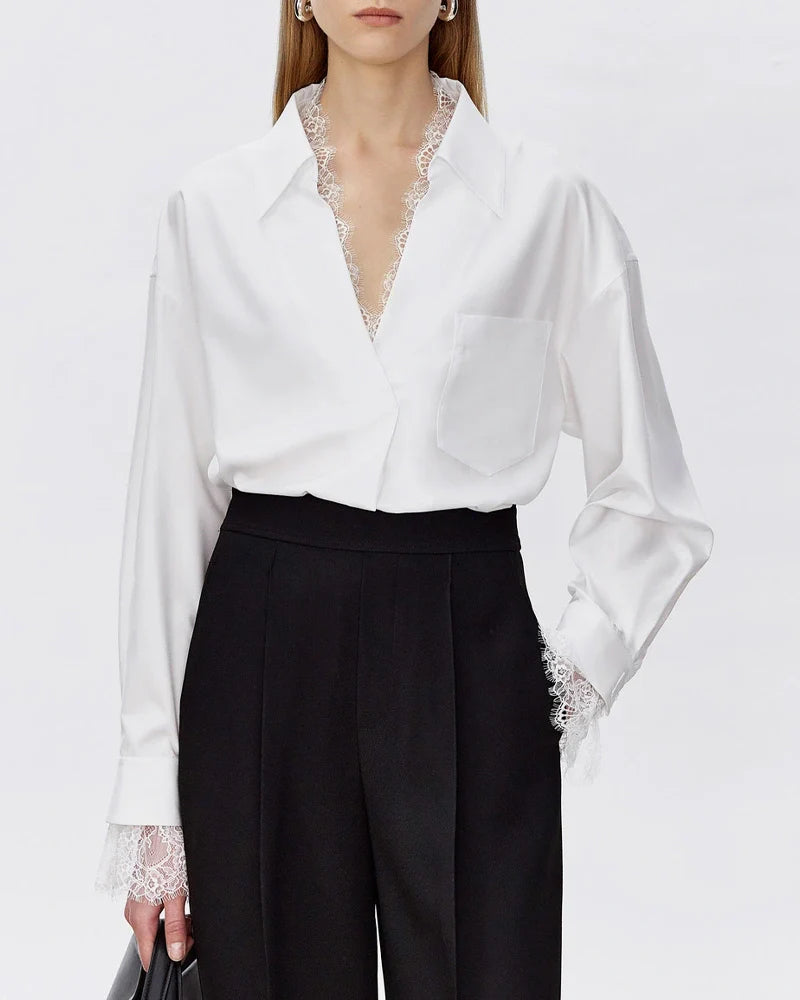 22 Momme Oversized Silk Lace Trim Shirt