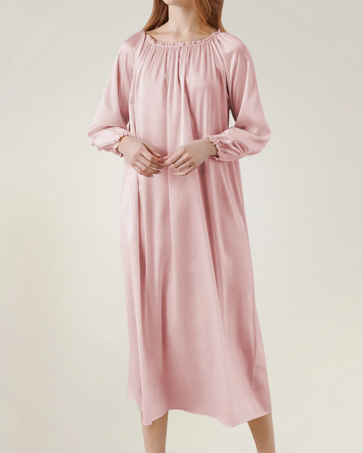 Silk Long Sleeve Nightgown with Ruched Detail