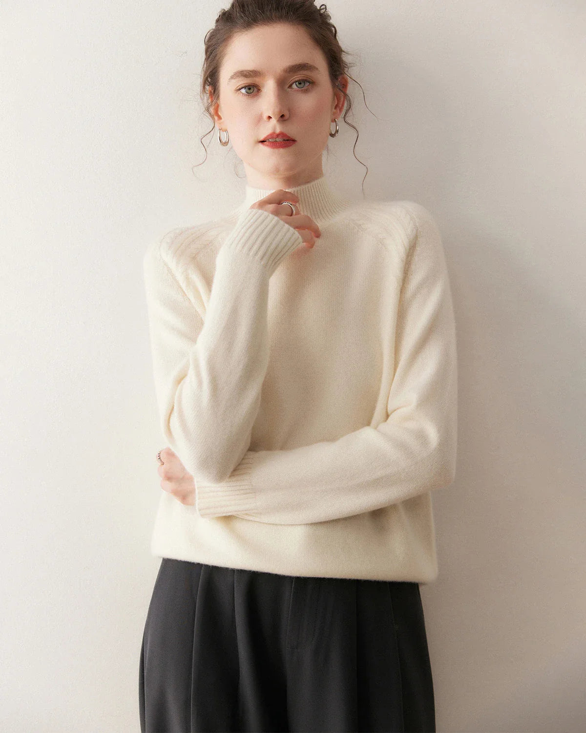 Mock Neck Cable Knit Cashmere Sweater