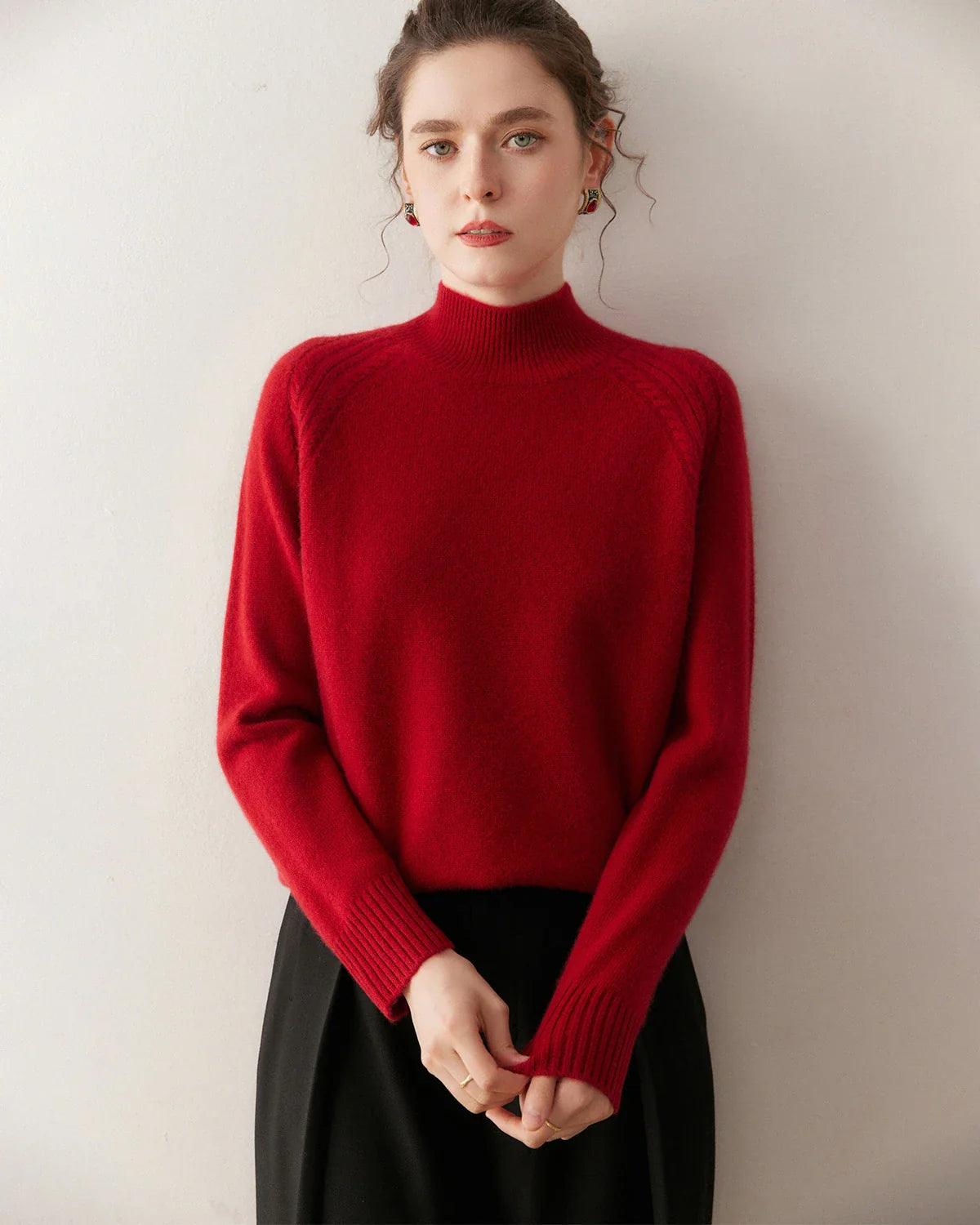 Mock Neck Cable Knit Cashmere Sweater
