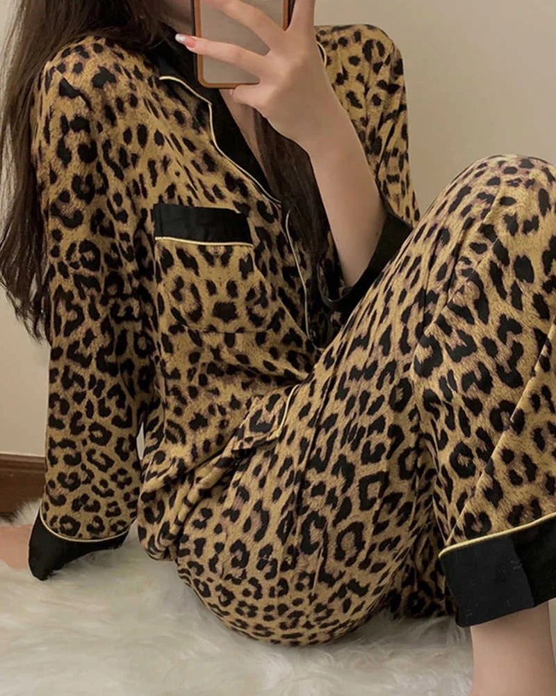 Wide Hem Leopard Silk Pajama Set