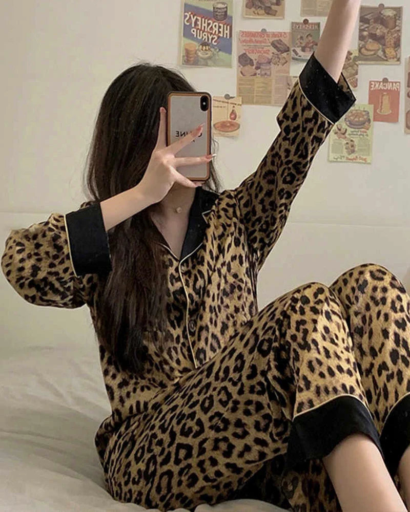 Wide Hem Leopard Silk Pajama Set