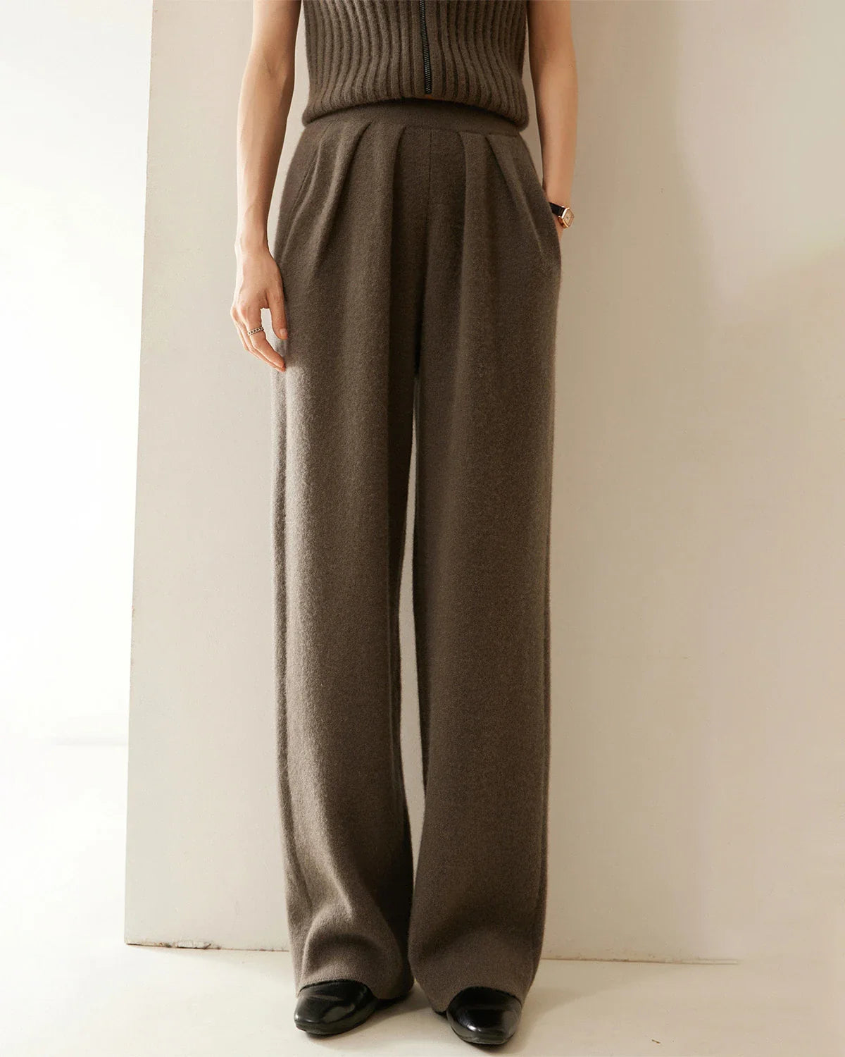 Ruched Straight-Leg Cashmere Wool Pants