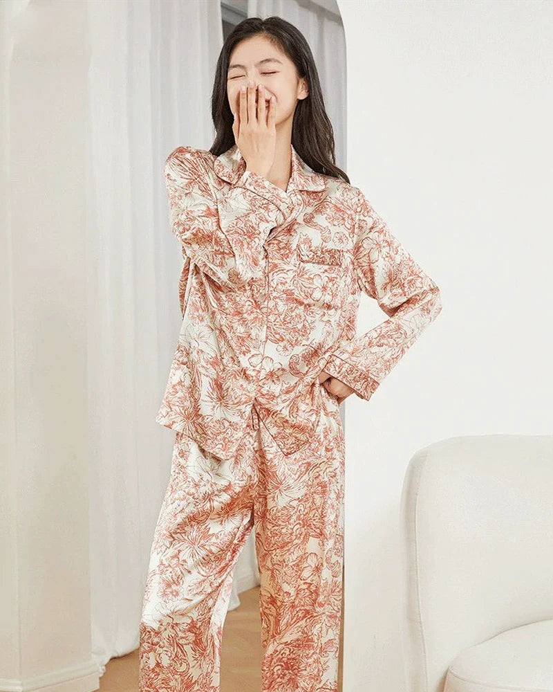 Floral Print Long Sleeve Silk Pajama Set